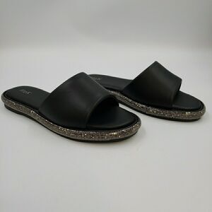 Womens 7 Pool Side Slides Black Silver Sandals Glam Cruise Slipper Summer Shoes